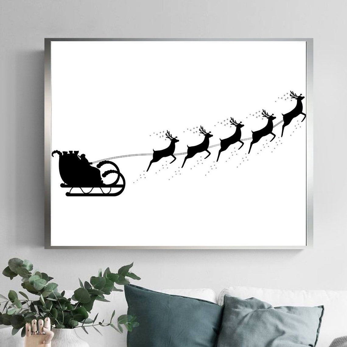 Santa Sleigh And Reindeer Silhouette Minimalist Christmas Wall Art - Image 2
