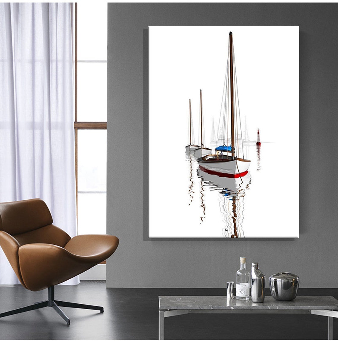White Sailboats Red Hulls Minimalist Seascape Reflection Art Poster - Image 2