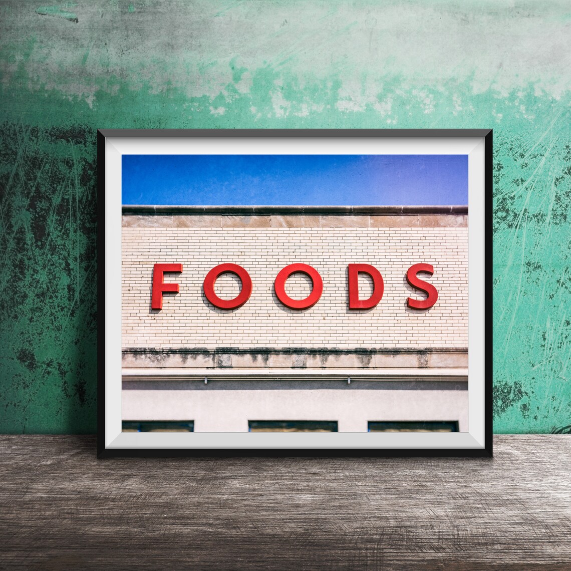 Foods Bold Red Letters on White Brick Building Kitchen Poster