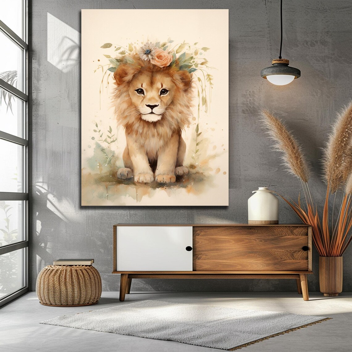 Adorable Watercolor Lion Cub Floral Crown Baby Nursery Wall Print - Image 2