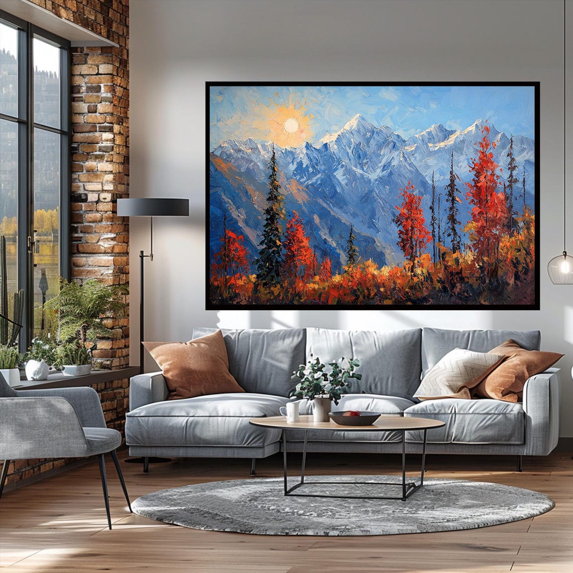 Snowy Mountain Morning Sun Red Autumn Trees Blue Peaks Oil Art Poster - Image 3