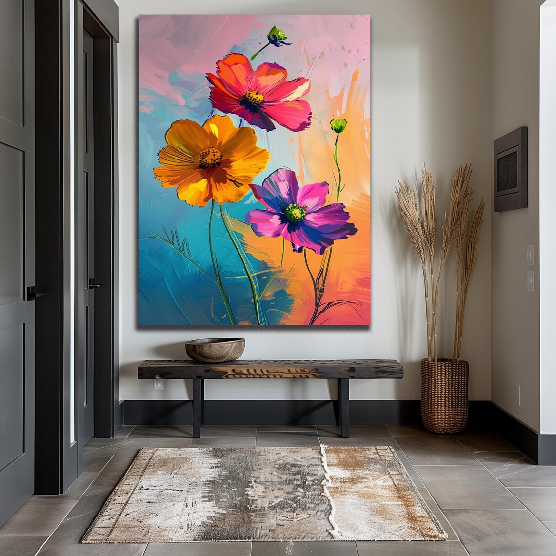 Colorful Cosmos Flowers Acrylic Painting Bold Floral Art Print - Image 2