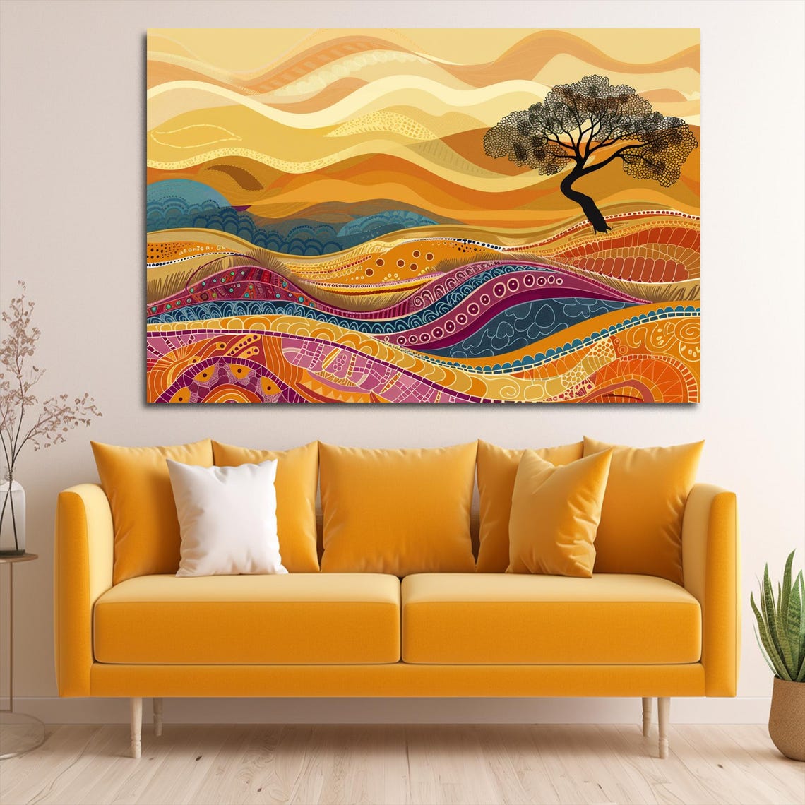Golden Desert Dunes Lone Tree Warm Sunset Boho Landscape Poster - Image 3