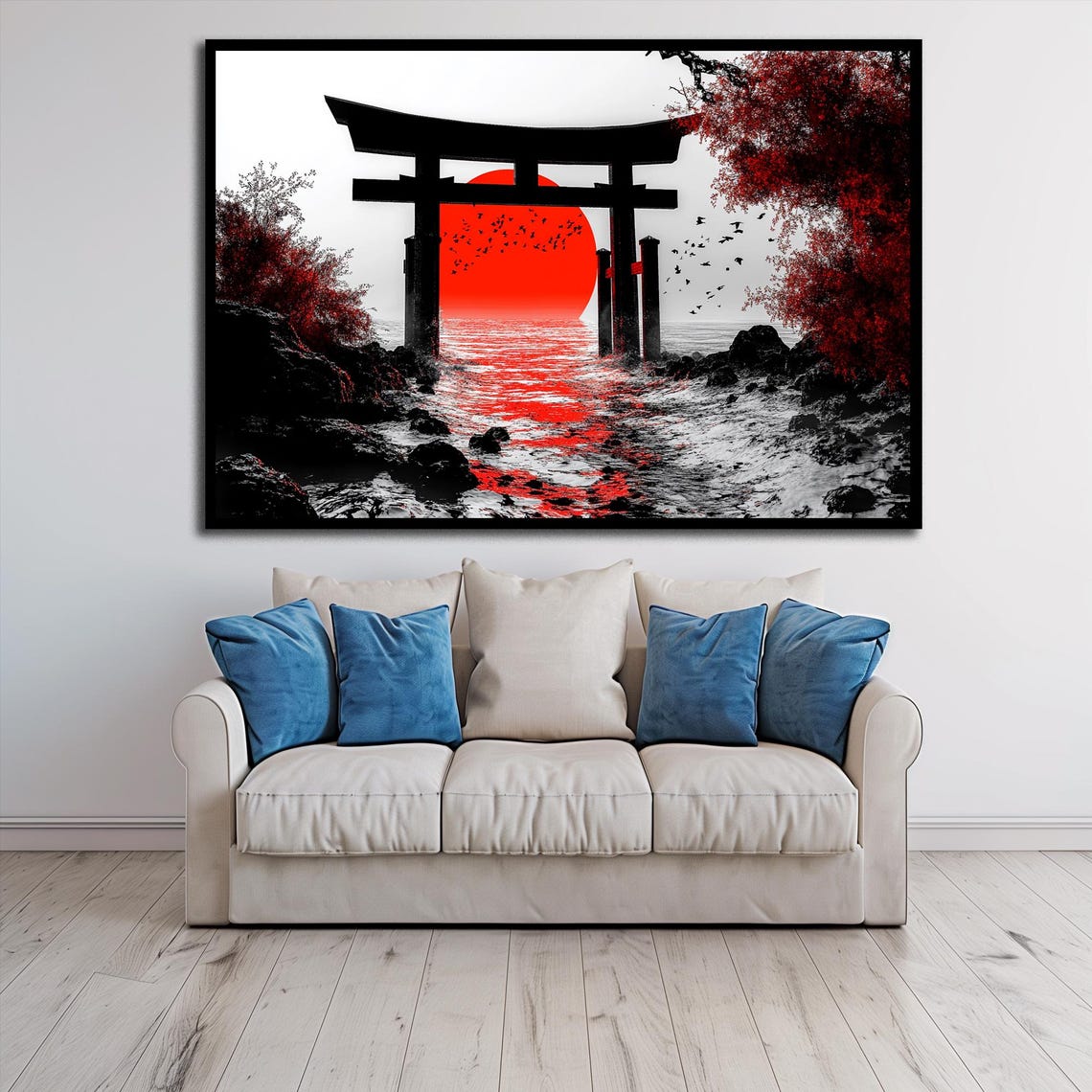 Torii Gate Silhouette Red Sun Ocean Reflection Japanese Poster - Image 3