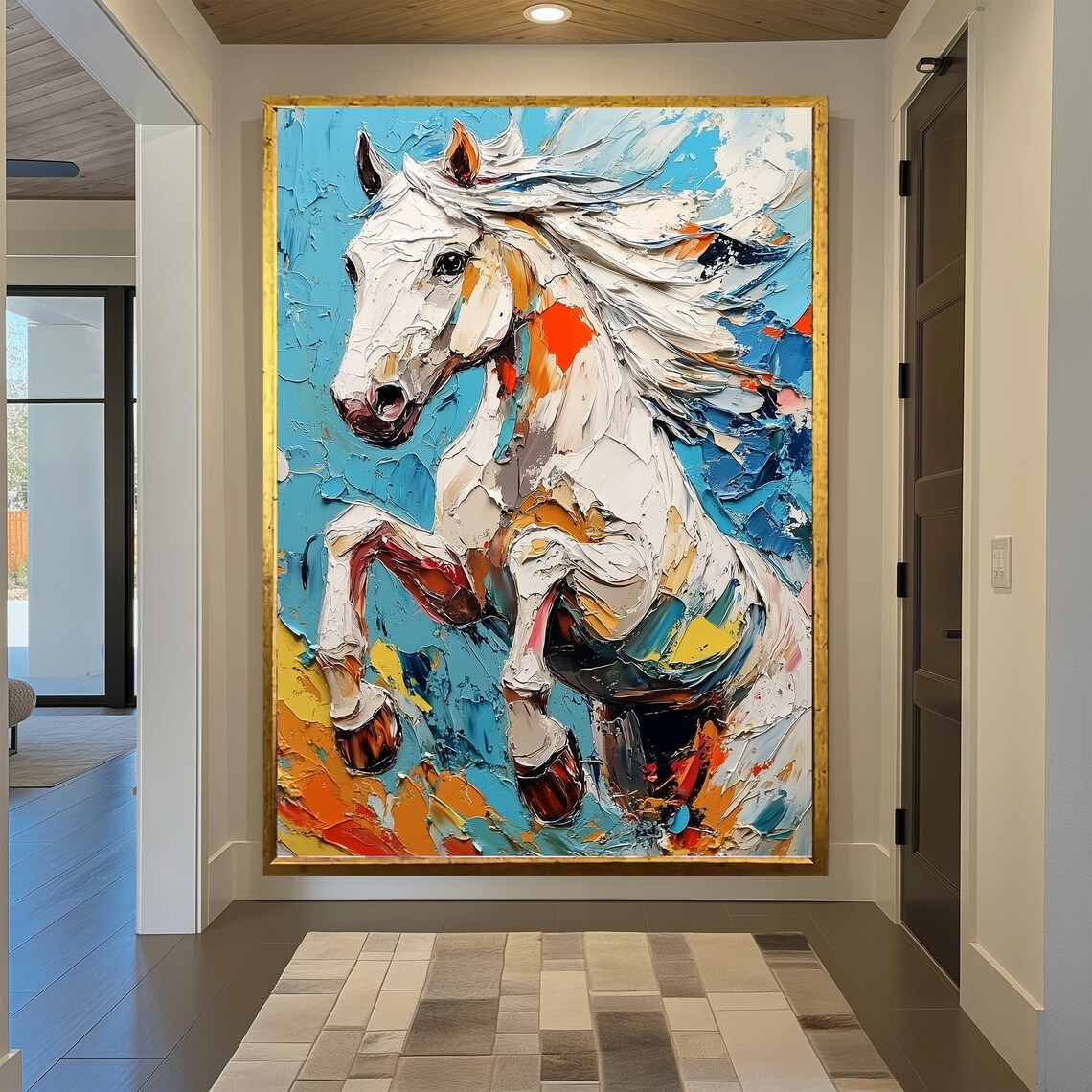 Galloping White Horse Impasto Oil Painting Vivid Colorful Art Print - Image 2