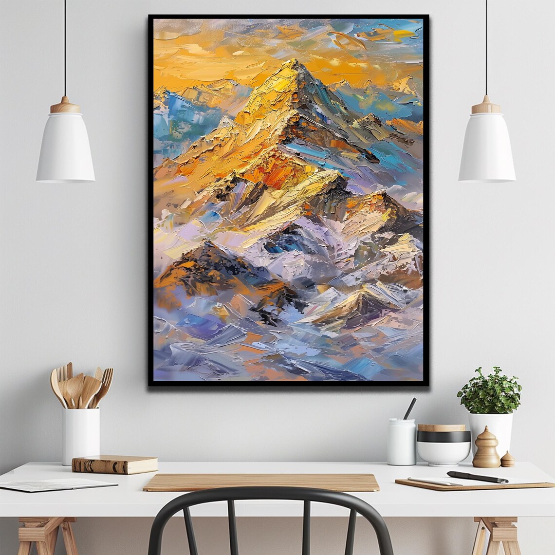 Golden Mountain Peak Impasto Oil Painting Sunset Abstract Art Print - Image 2