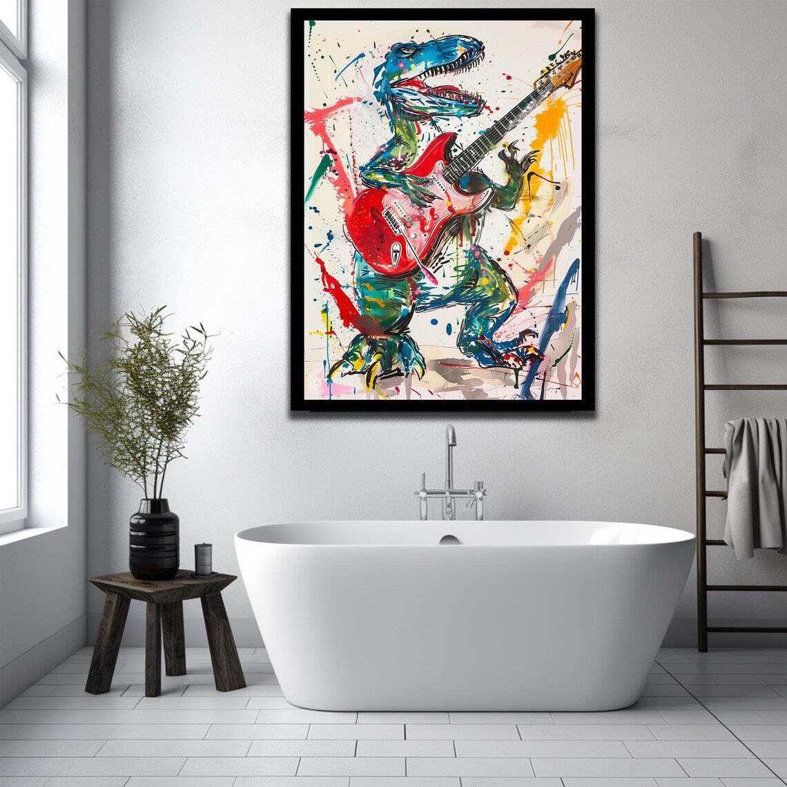 Dino Rock Guitar Music Cartoon Art Print - Image 2