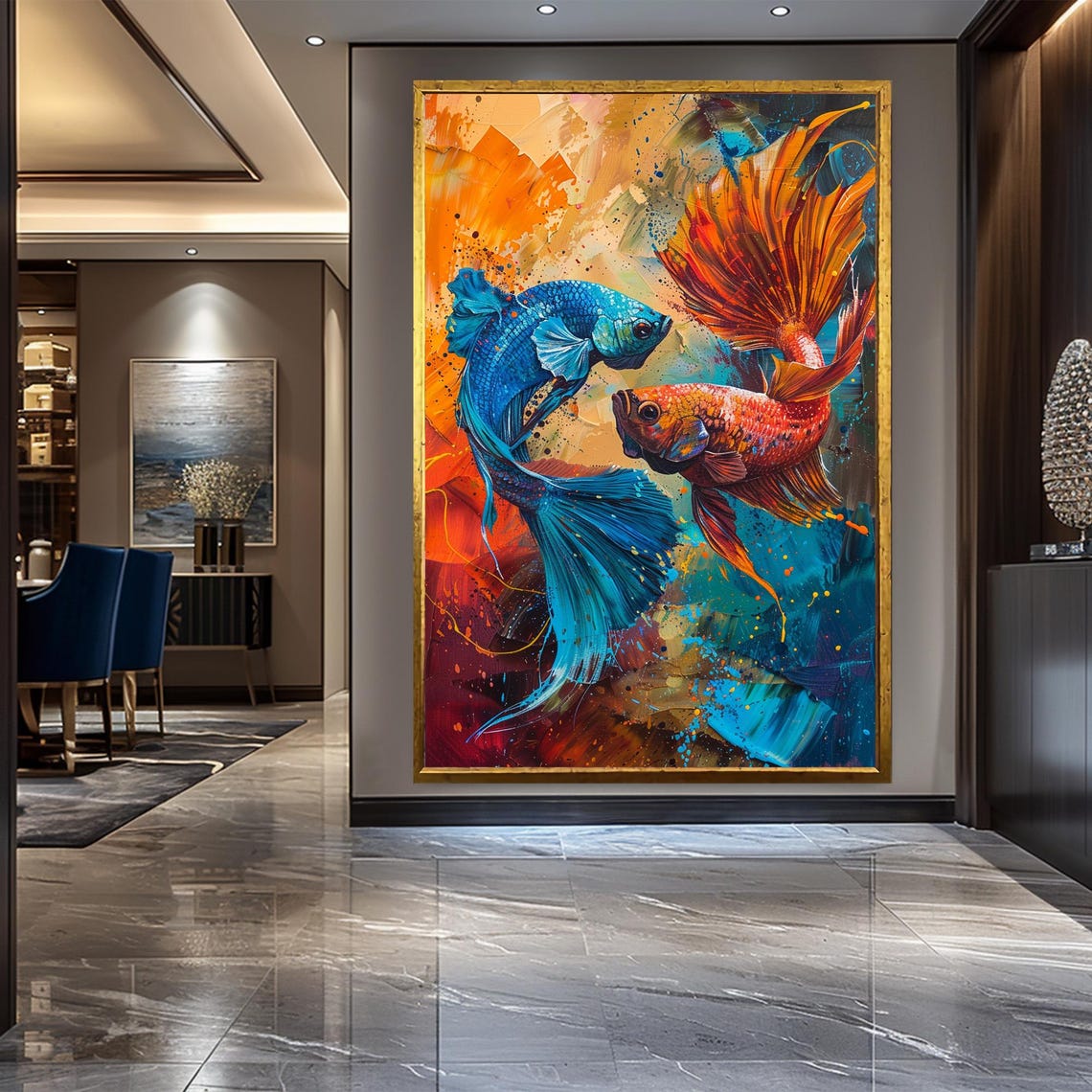Blue Orange Betta Fish Yin Yang Swirl Painted Tropical Aquarium Poster - Image 2