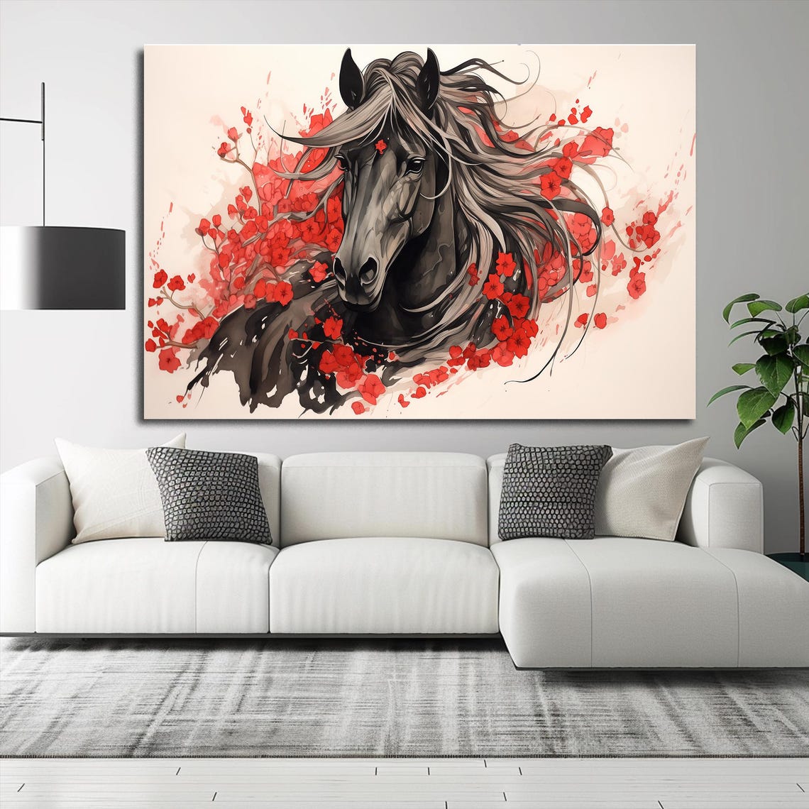 Black Horse Flowing Mane Red Flowers Ink Portrait Elegant Wall Art - Image 3