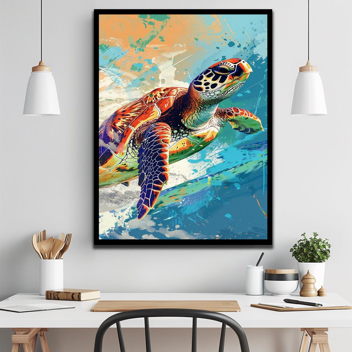 Colorful Sea Turtle Gliding Through Ocean Water Pop Art Poster - Image 2