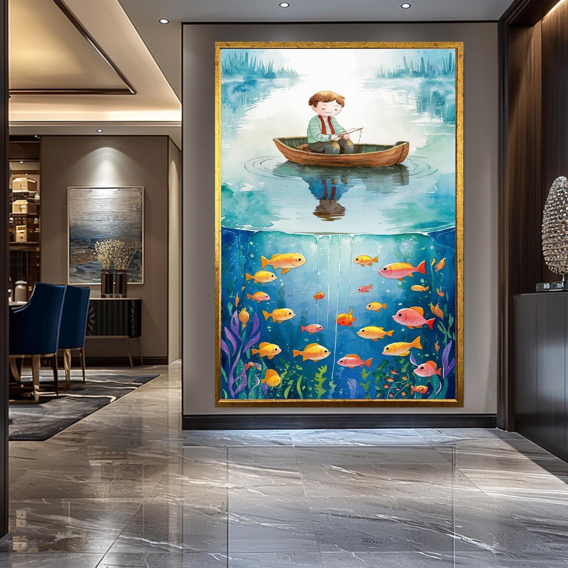 Boy Fishing From Canoe Above Colorful Underwater Fish Watercolor Wall Art - Image 2