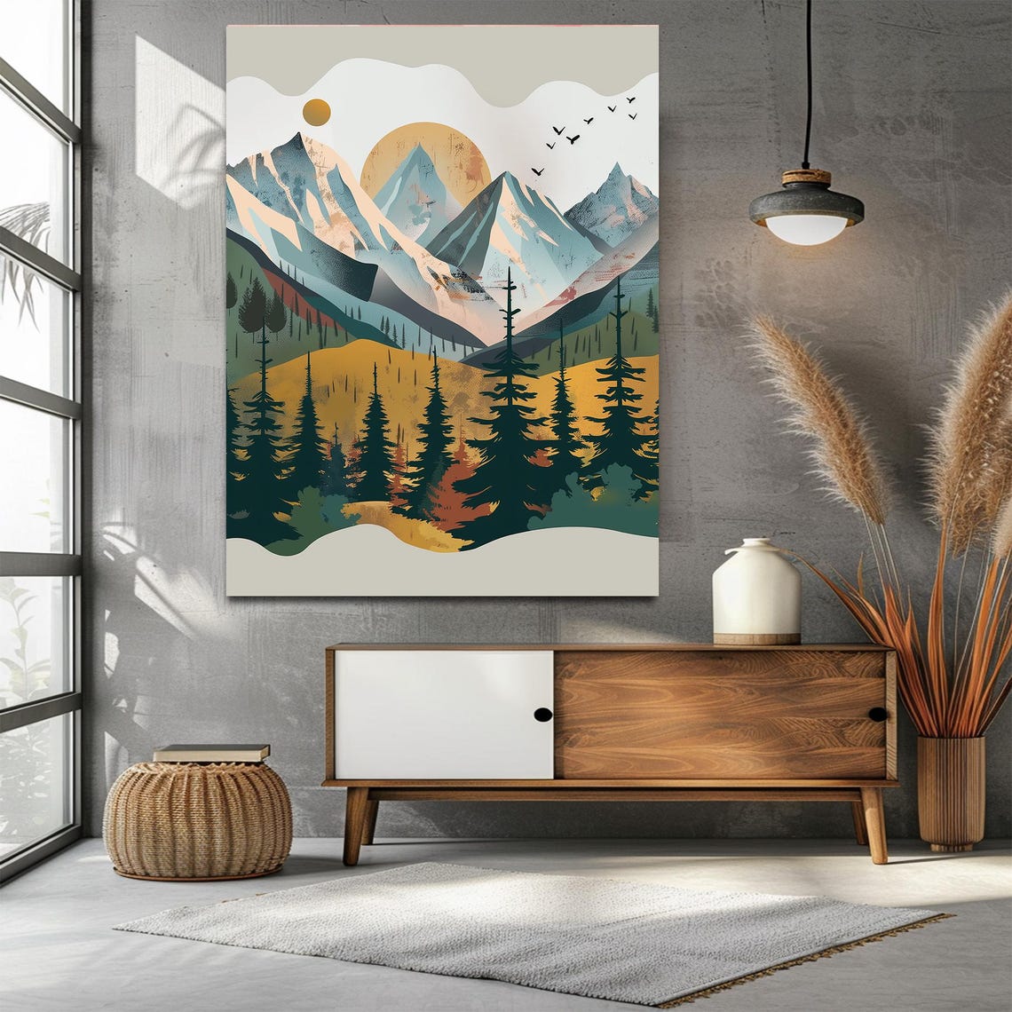 Abstract Autumn Mountain Forest Golden Sun Minimalist Art Poster - Image 3