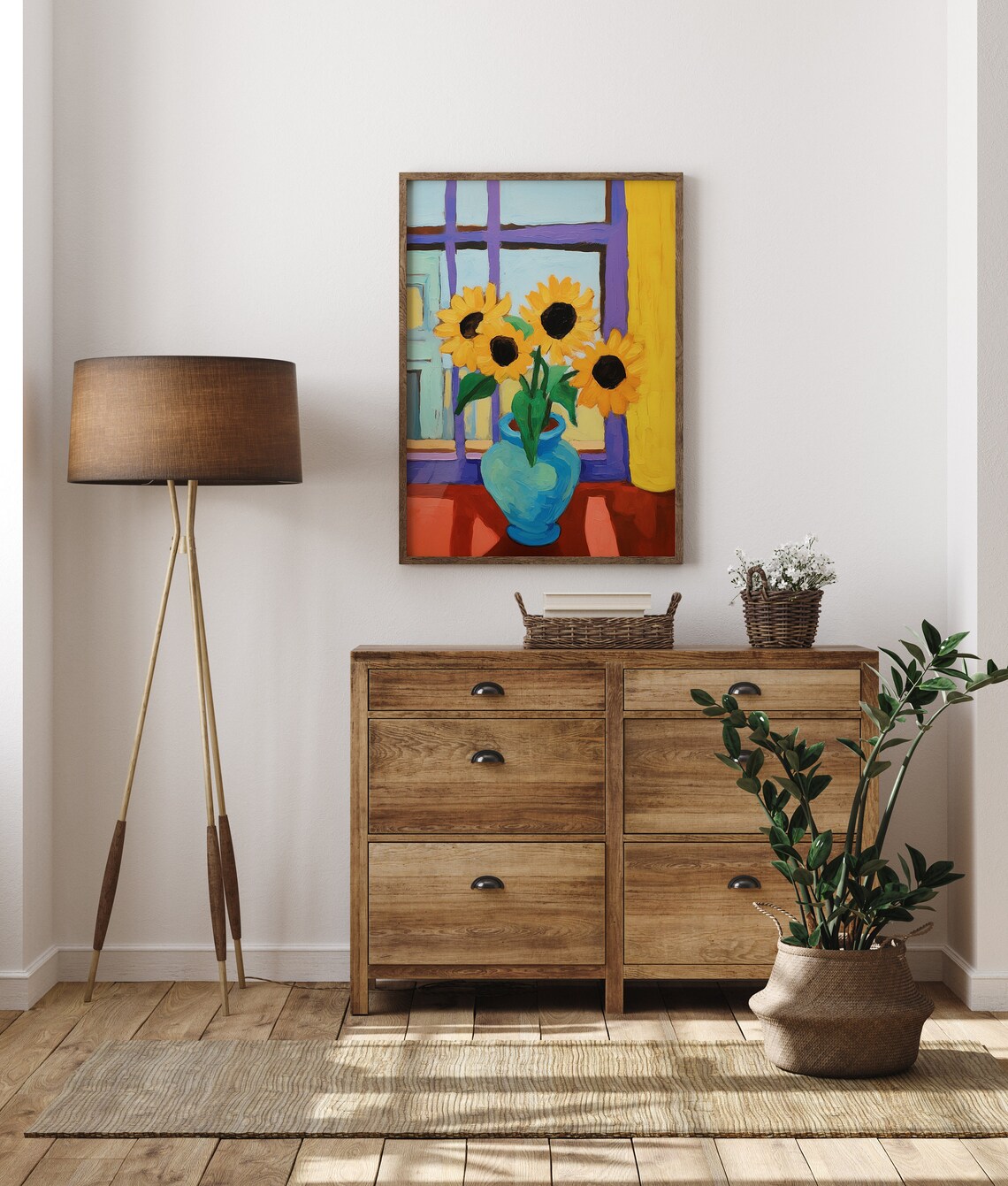 Sunflowers in Blue Vase Bold Fauvist Style Colorful Art Poster - Image 2