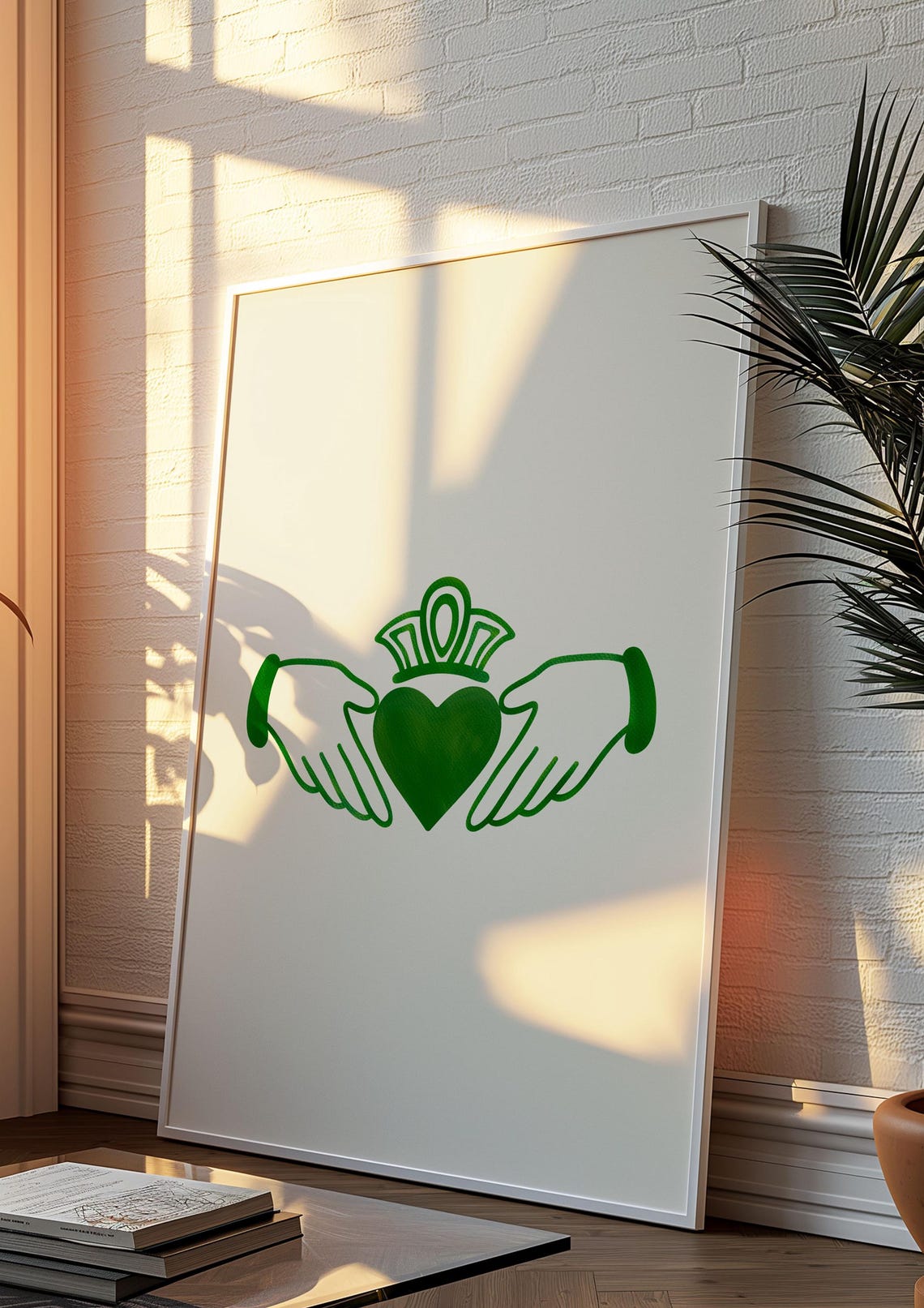 Green Claddagh Irish Symbol Minimalist Line Art Heart Crown Print