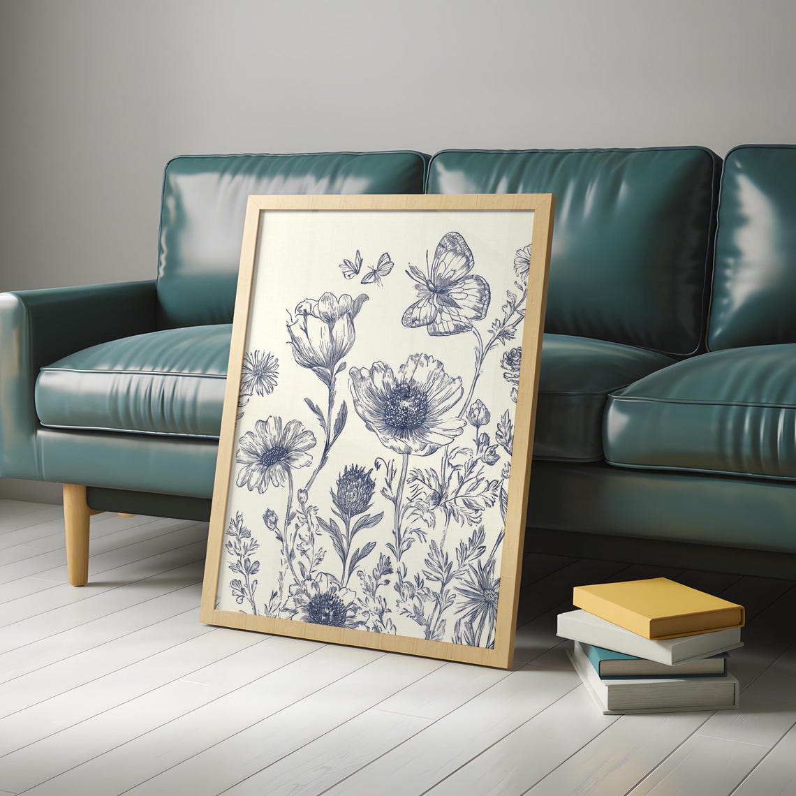 Blue Ink Wildflowers with Twin Butterflies Vintage Botanical Poster - Image 5