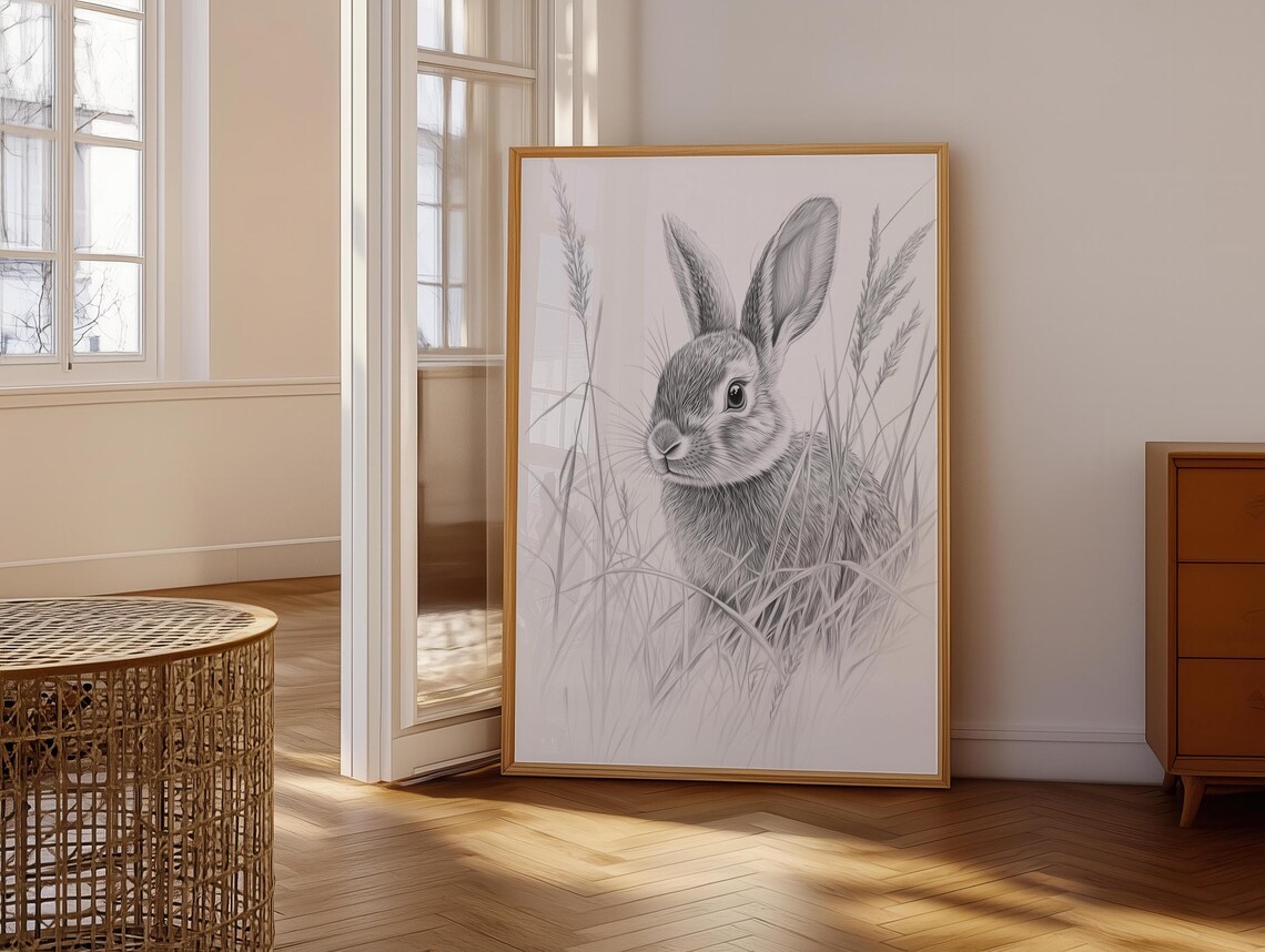 Pencil Sketch Bunny Front View In Wild Grasses Fine Line Graphite Drawing Art Poster - Image 6