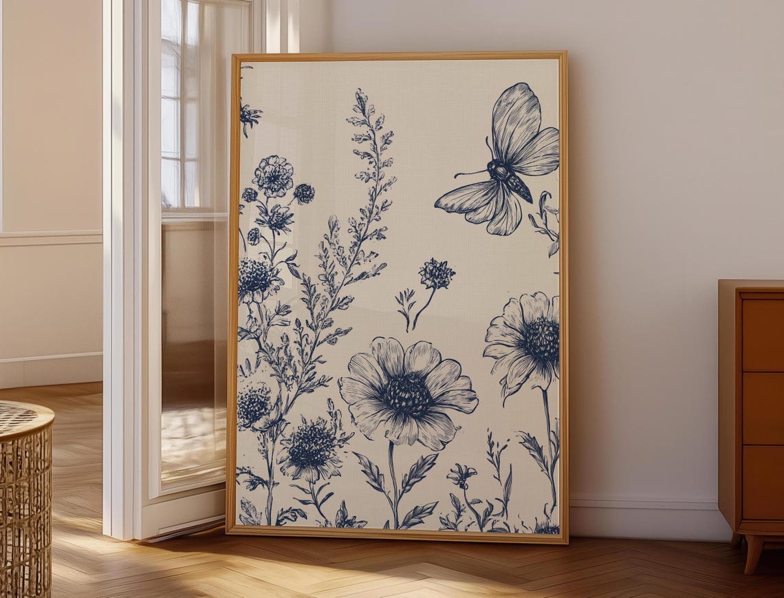 Blue Ink Poppy Bloom with Large Butterfly Botanical Sketch Poster