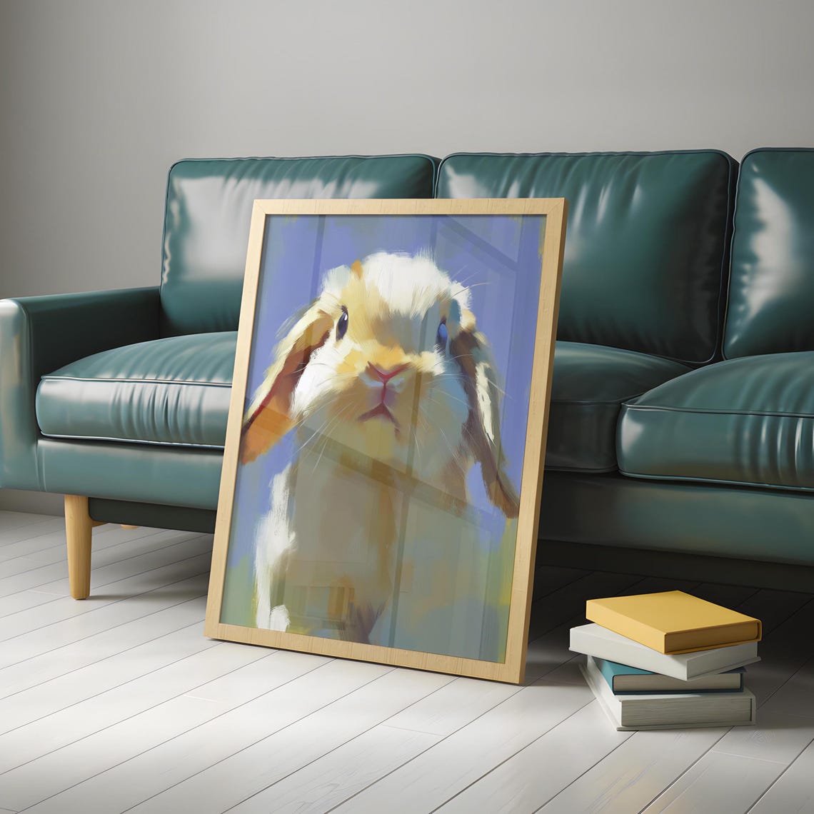 Lop Eared Bunny Close-Up Portrait on Blue Painterly Animal Poster - Image 4