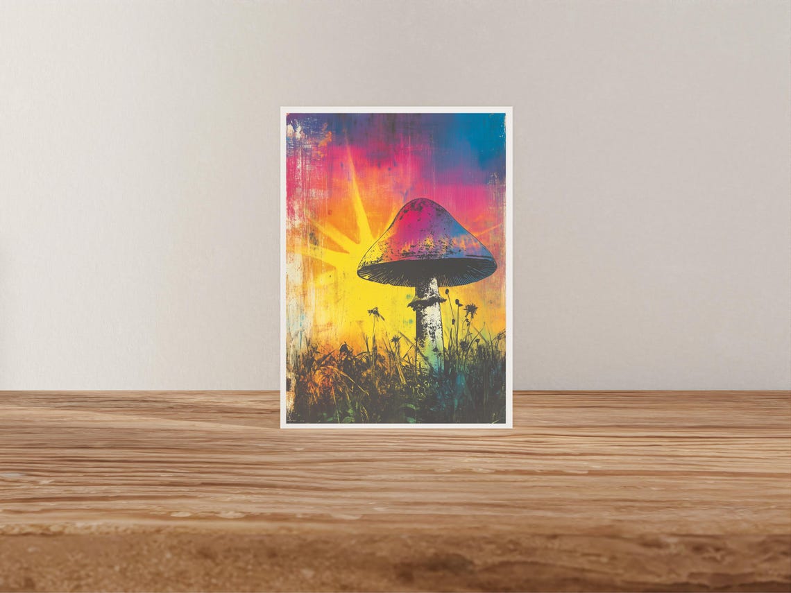 Mushroom Silhouette Against Rainbow Sunrise Psychedelic Art Poster - Image 4