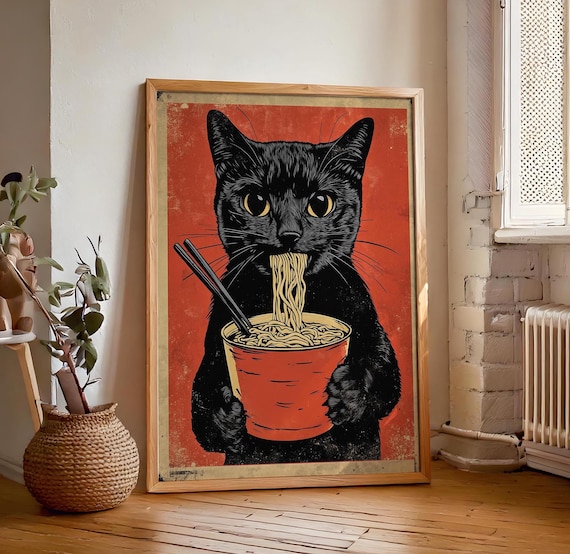 Black Cat Eating Ramen Vintage Style Funny Feline Food Poster