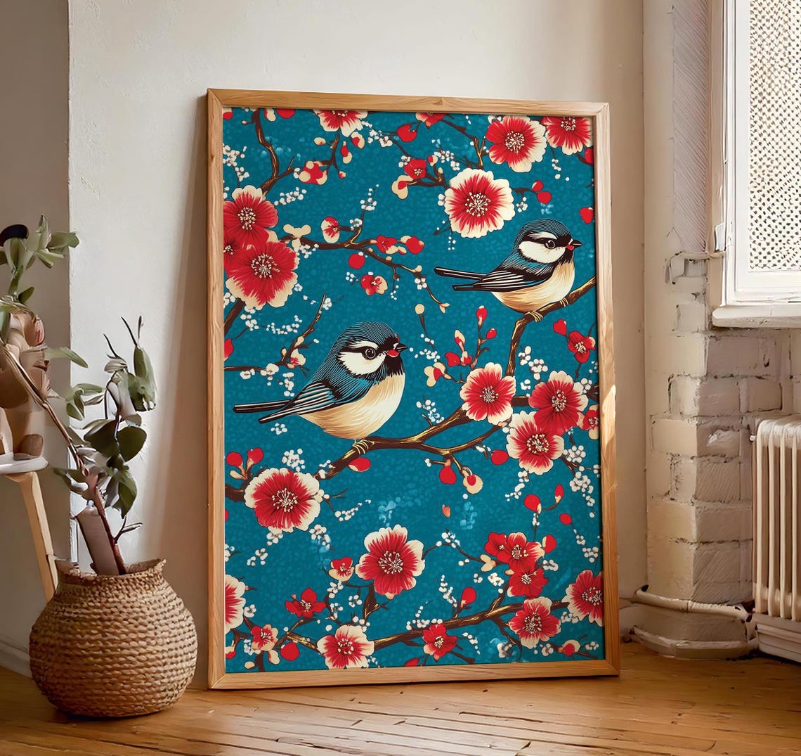 Two Songbirds On Red Blossom Branches Teal Chinoiserie Poster