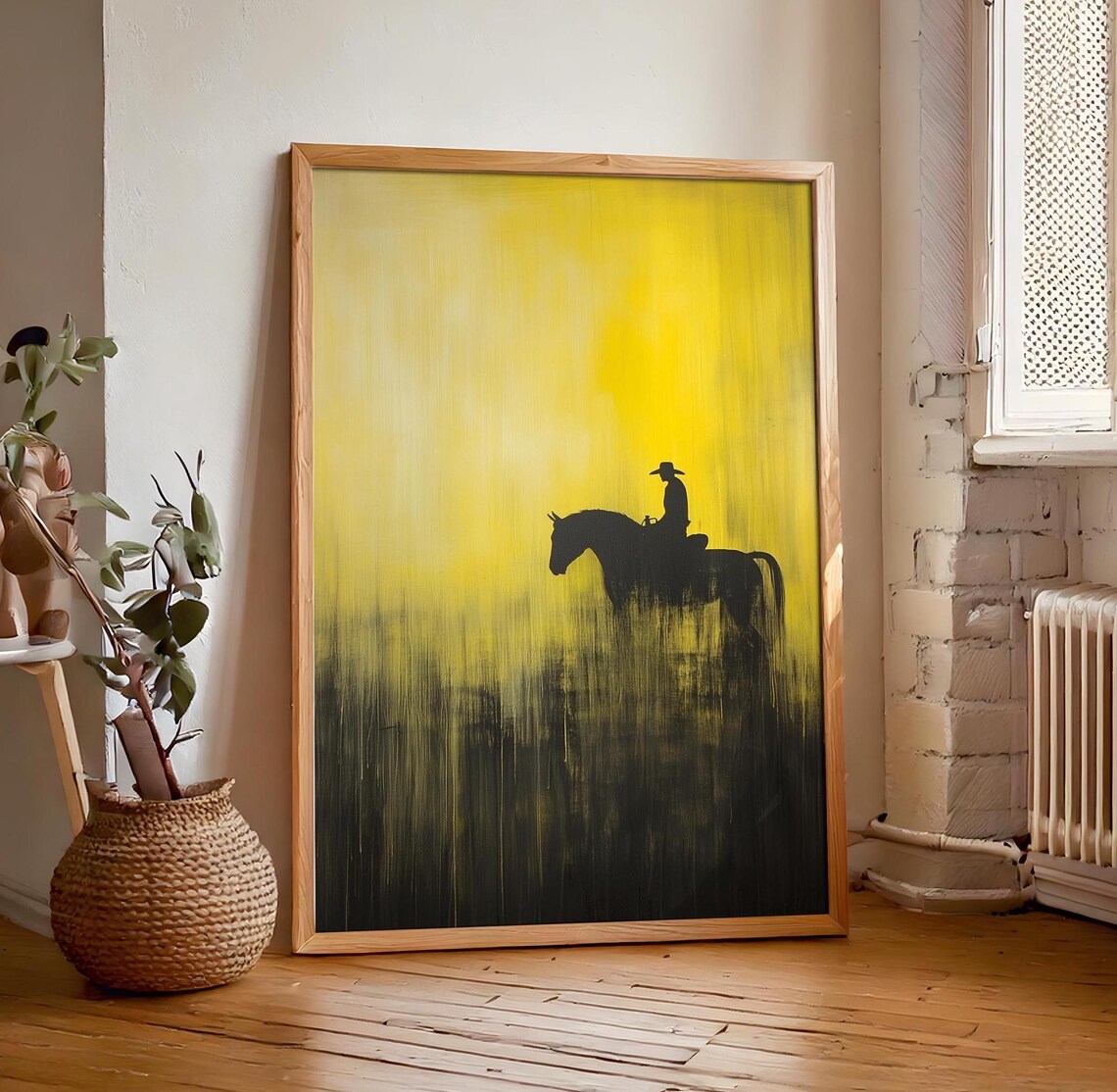 Cowboy on Horseback Silhouette Riding Through Golden Haze Poster - Image 7