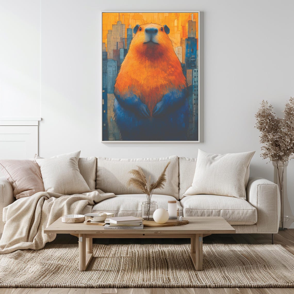 Orange Blue Capybara Portrait Over Golden Cityscape Art Poster - Image 5