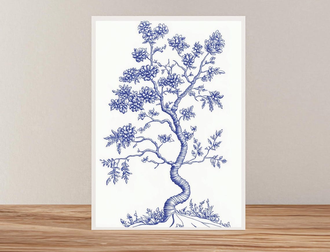Blue Ink Gnarled Blossom Tree on White Chinoiserie Line Art Poster