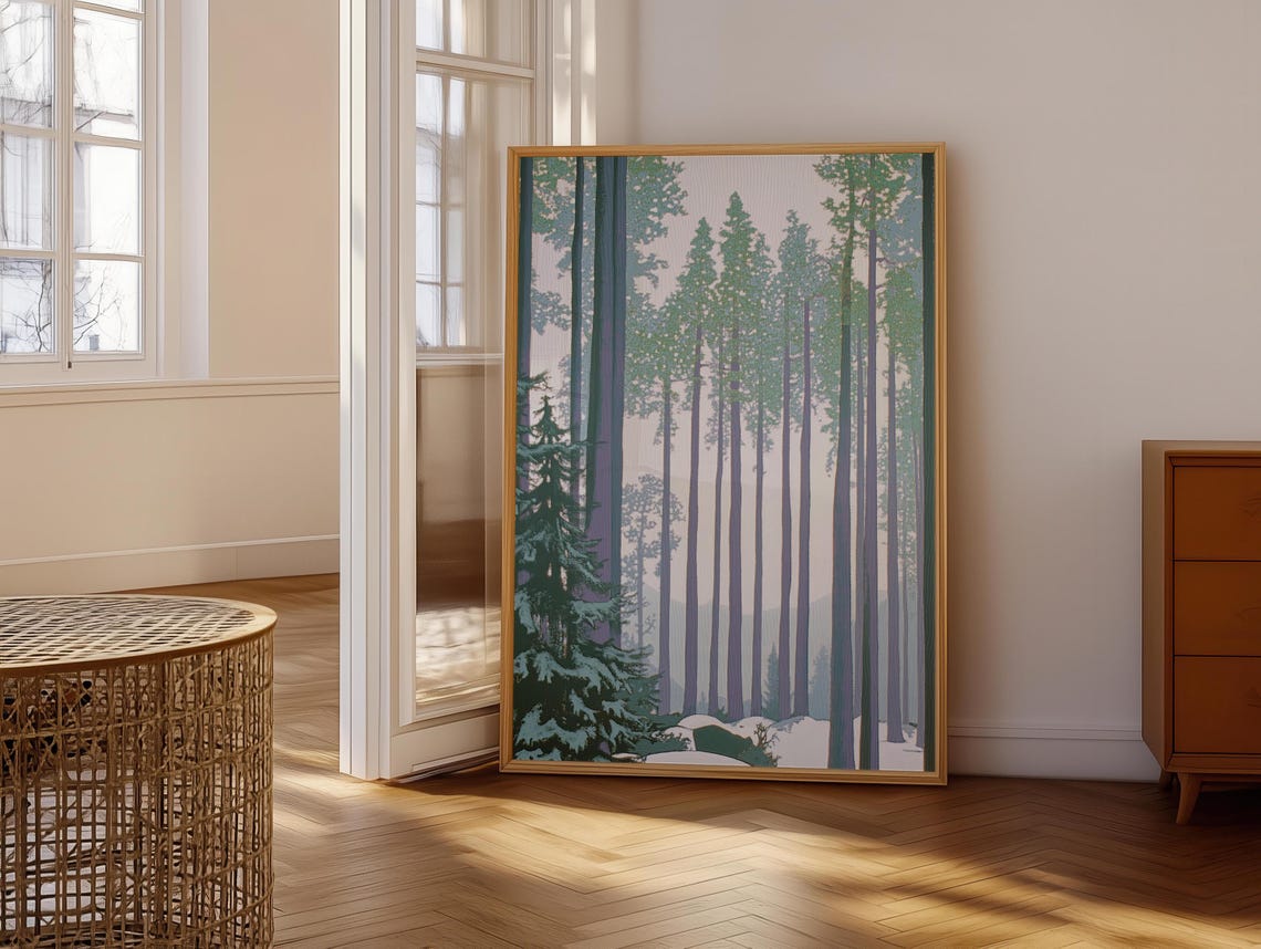 Towering Pine Trees In Misty Forest Vertical Light Art Poster - Image 7