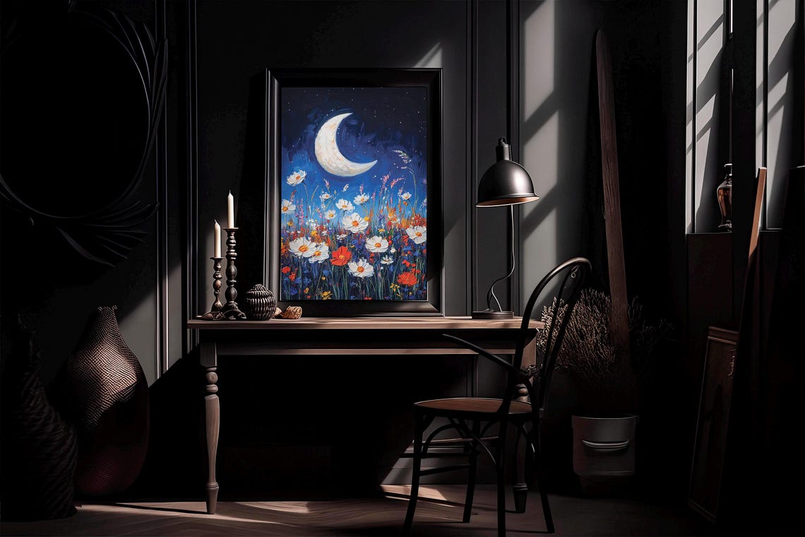 Crescent Moon Over Wildflower Meadow Night Oil Painting Poster - Image 5