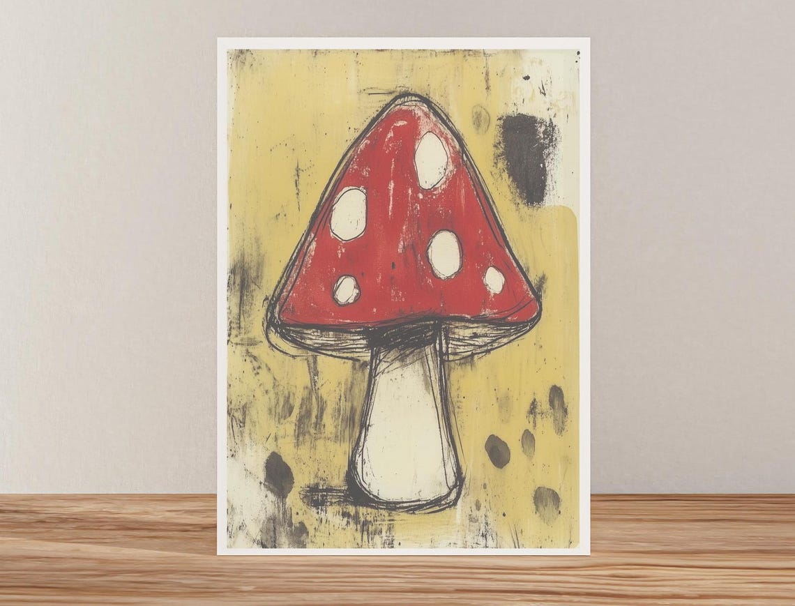 Sketchy Red Spotted Mushroom on Mustard Grunge Background Poster