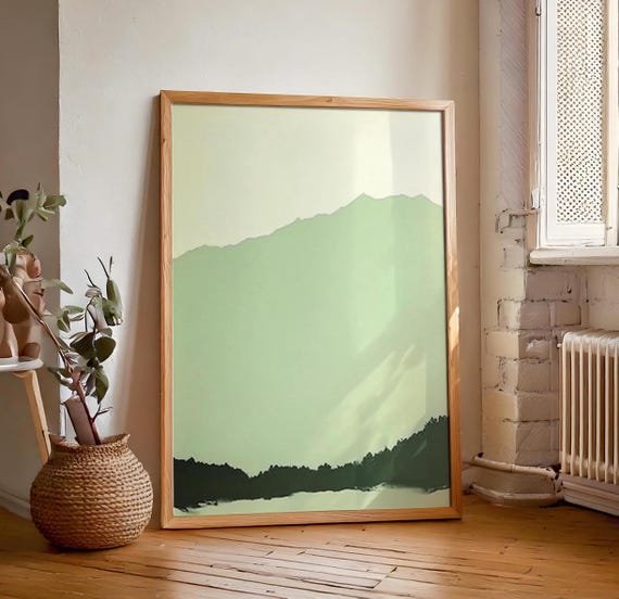 Green Mountain Wall Hanging Sage Green Lime Cream Art Minimalist Peaceful Foggy Calming Scenery