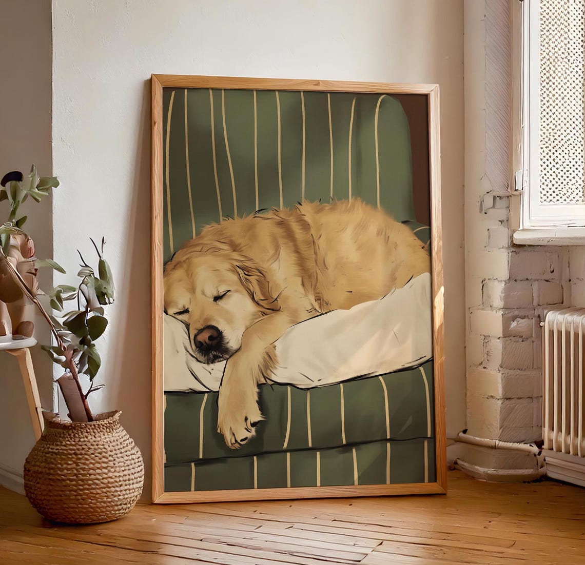 Golden Retriever Sleeping on Striped Green Chair Tender Dog Poster