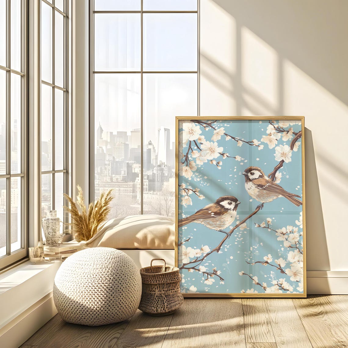 Two Birds On Diagonal Branch White Blossoms Clear Blue Sky Poster - Image 4