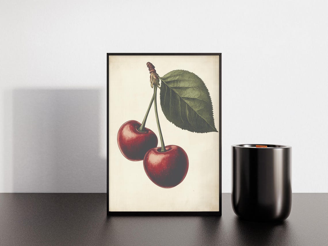 Botanical Two Cherries With Green Leaf Vintage Style Art Poster - Image 4