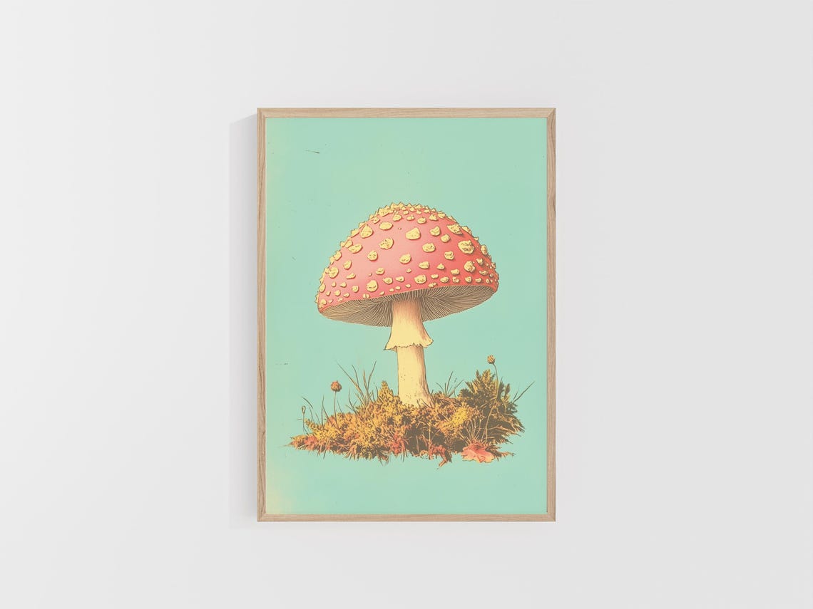 Pink Spotted Toadstool Mushroom On Mint Green Retro Art Poster - Image 4