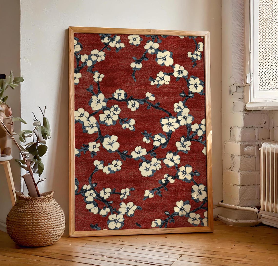 White Blossoms On Deep Crimson Chinoiserie Textile Style Poster
