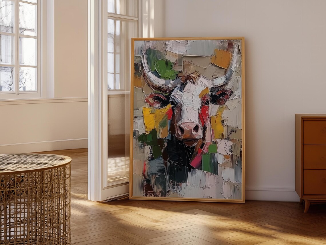 Abstract Impasto Longhorn Cow Portrait Painting in Bold Colors Poster - Image 6