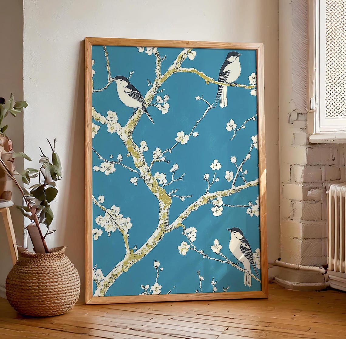 Three Small Birds On Blossoming Branches Deep Teal Botanical Poster - Image 7