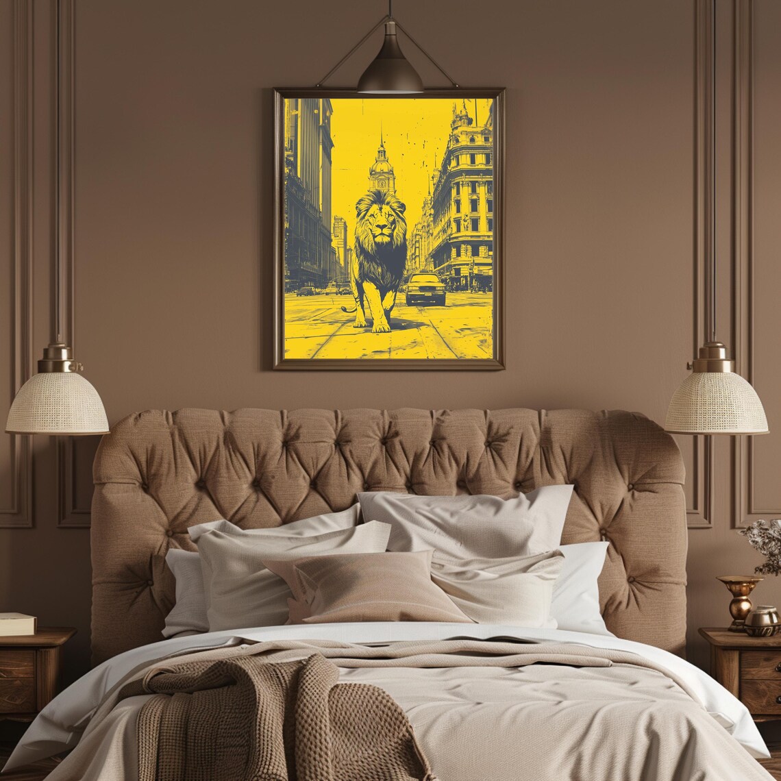 Lion Walking Down A City Street In Bold Yellow Pop Art Poster - Image 3