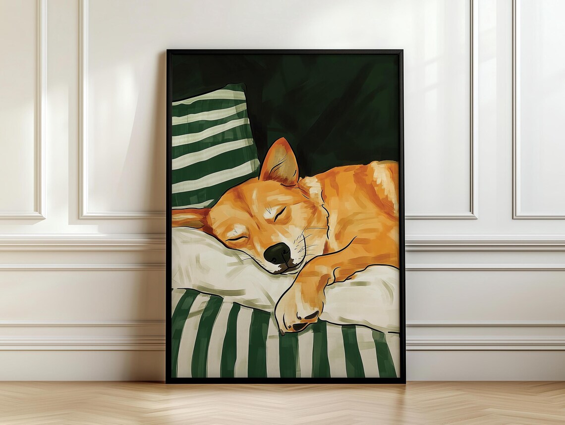 Sleeping Shiba Inu Puppy on Green Striped Pillow Cute Dog Poster - Image 7