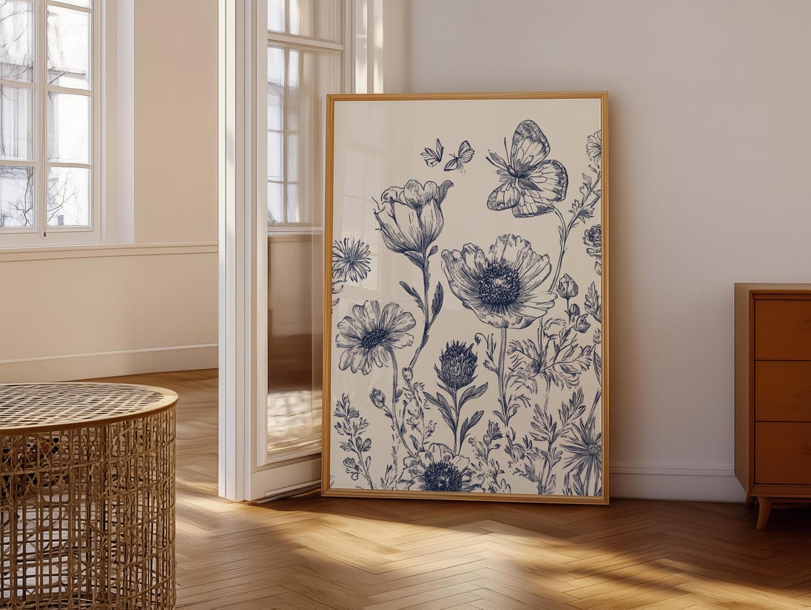 Blue Ink Wildflowers with Twin Butterflies Vintage Botanical Poster - Image 6