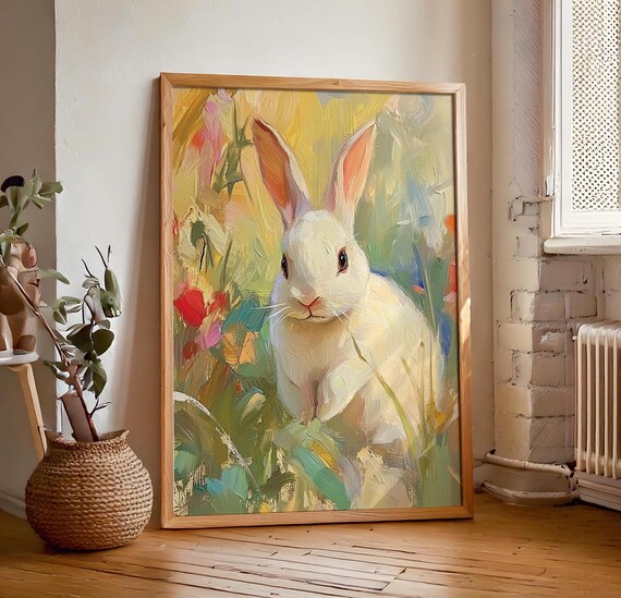 White Bunny in Golden Garden Brushstrokes Painterly Rabbit Poster