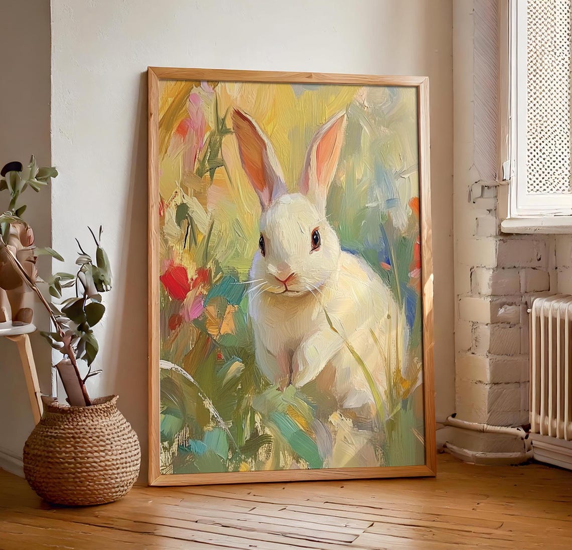 White Bunny in Golden Garden Brushstrokes Painterly Rabbit Poster
