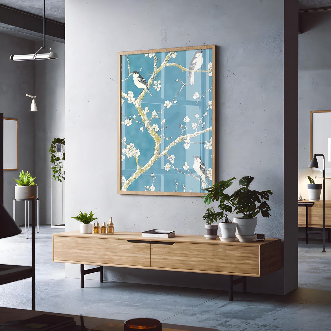 Three Small Birds On Blossoming Branches Deep Teal Botanical Poster - Image 3