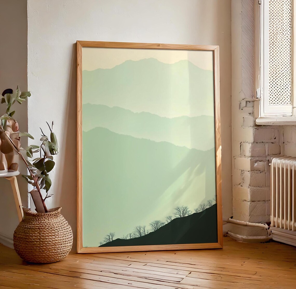 Green Mountain Trees Wall Hanging Sage Green Lime Cream Art Minimalist Peaceful Foggy Calming Scenery