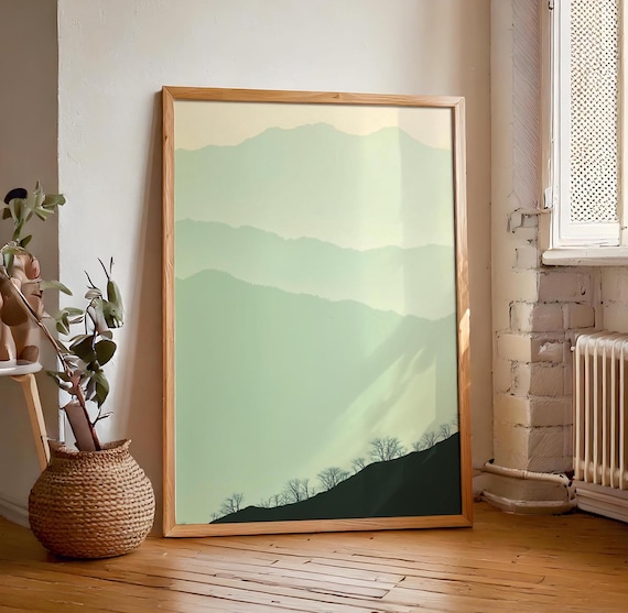 Green Mountain Trees Wall Hanging Sage Green Lime Cream Art Minimalist Peaceful Foggy Calming Scenery
