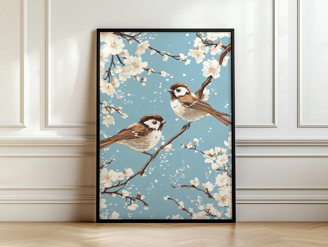 Two Birds On Diagonal Branch White Blossoms Clear Blue Sky Poster - Image 7