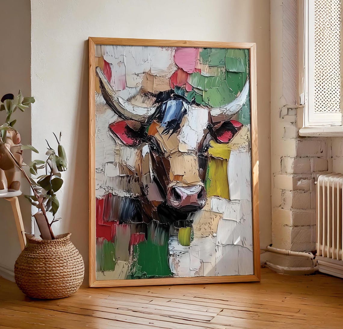 Colorful Abstract Impasto Bull Portrait with Pink Ears Painting Poster - Image 7