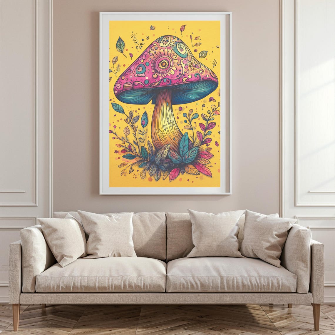 Pink Floral Mushroom With Botanical Leaves Yellow Art Poster - Image 6
